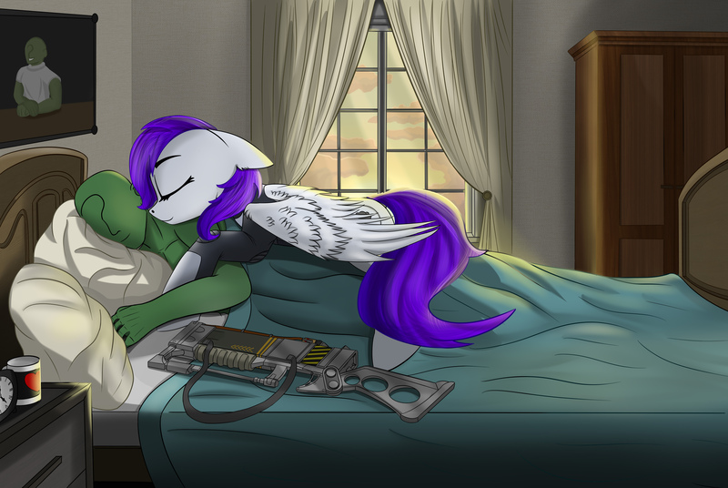 Size: 4850x3250 | Tagged: safe, artist:singovih, derpibooru import, oc, oc:anon, oc:morning glory (project horizons), human, pegasus, pony, fallout equestria, armor, bed, bodysuit, clothes, commission, cup, curtains, cute, daaaaaaaaaaaw, female, human on pony snuggling, laser rifle, mare, snuggling, sweet dreams fuel, wardrobe, window, ych result