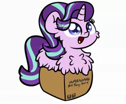 Size: 3250x2688 | Tagged: safe, artist:kimjoman, derpibooru import, starlight glimmer, pony, unicorn, best pony, box, chest fluff, cute, female, fluffy, glimmerbetes, if i fits i sits, looking up, mare, pony in a box, simple background, solo, white background
