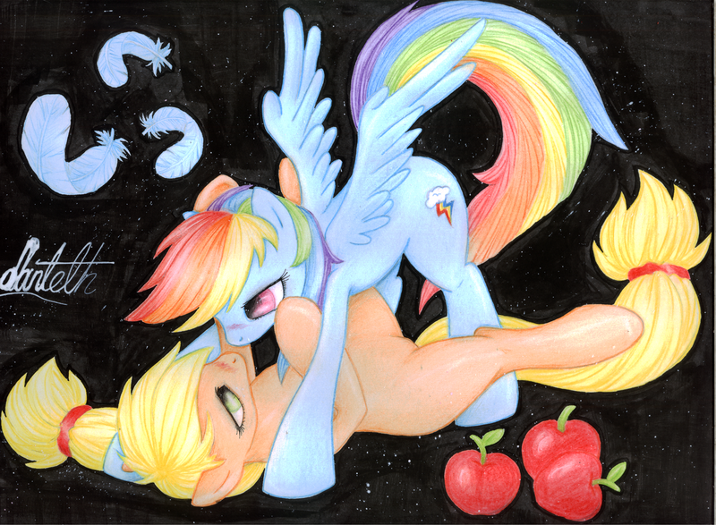 Size: 4635x3400 | Tagged: safe, artist:dantethehuman, derpibooru import, applejack, rainbow dash, pony, apple, appledash, feather, female, food, lesbian, shipping, solo, traditional art