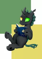 Size: 3507x4960 | Tagged: safe, artist:dragonblue, derpibooru import, oc, unofficial characters only, changeling, book, heterochromia, male, reading, solo