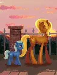Size: 3543x4724 | Tagged: safe, artist:lin feng, derpibooru import, sunflower spectacle, trixie, pony, unicorn, female, fence, filly, filly trixie, mother and child, mother and daughter, younger