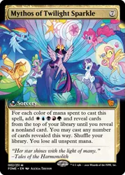 Size: 375x523 | Tagged: alicorn, applejack, artist:alexia tryfon, bird, book, butterfly, ccg, crown, derpibooru import, edit, fluttershy, insect, jewelry, magic the gathering, mane six, pinkie pie, quill, rainbow dash, rarity, regalia, safe, spike, stained glass, trading card, trading card edit, twilight sparkle, twilight sparkle (alicorn)