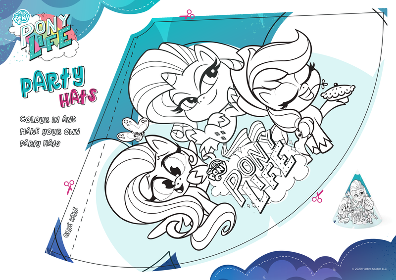 Size: 3508x2480 | Tagged: safe, derpibooru import, official, applejack, fluttershy, rarity, earth pony, pegasus, pony, unicorn, my little pony: pony life, activity sheet, coloring page, food, hat, my little pony logo, party hat, pie