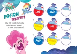 Size: 3508x2480 | Tagged: safe, derpibooru import, official, pinkie pie, rainbow dash, earth pony, pegasus, pony, my little pony: pony life, activity sheet, female, mare, my little pony logo, potion, potions