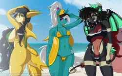Size: 1255x785 | Tagged: suggestive, artist:desingahv, derpibooru import, oc, unofficial characters only, anthro, cat, demon, hybrid, shark, unicorn, arm behind head, armpits, ass, beach, belly button, bikini, breasts, butt, cap, clothes, commission, cutie mark, digital art, erect nipples, female, furry, furry oc, group, hat, horn, micro bikini, nipple outline, one eye closed, sexy, sideboob, sling bikini, smiling, smiling at you, swimsuit, tail, trio, trio female, wings, ych result