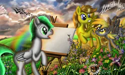 Size: 854x512 | Tagged: safe, artist:dreamyskies, derpibooru import, oc, oc:dreamer skies, bird, butterfly, insect, pegasus, pony, background pony, cloud, cloudy, confused, drops, flower, grass, grass field, looking at each other, open mouth, pegasus oc, pony oc, rainbow, scenery, scenery porn, signature, wings