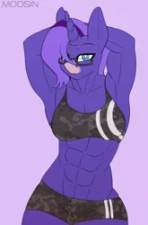 Size: 1780x2705 | Tagged: safe, artist:mopyr, derpibooru import, oc, oc:empathy, unofficial characters only, anthro, abs, armpits, clothes, female, fit, glasses, midriff, muscles, muscular female, solo, sports bra