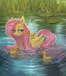 Size: 2000x2316 | Tagged: safe, artist:enderselyatdark, derpibooru import, fluttershy, bird, duck, pegasus, pony, cheek fluff, cute, female, grass, high res, lidded eyes, lilypad, shyabetes, solo, water