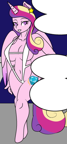 Size: 712x1529 | Tagged: suggestive, artist:dekomaru, derpibooru import, edit, princess cadance, anthro, unguligrade anthro, comic:the hot room 3, absolute cleavage, bikini, breasts, busty princess cadance, cleavage, clothes, comic, cropped, female, sling bikini, solo, solo female, swimsuit