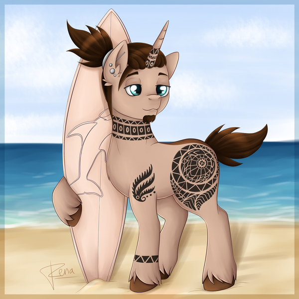 Size: 3000x3000 | Tagged: safe, artist:puggie, derpibooru import, oc, pony, unicorn, beach, beard, facial hair, male, solo, surfboard, surfing, tattoo