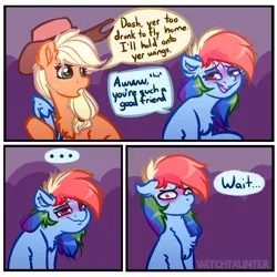 Size: 4000x4000 | Tagged: safe, artist:witchtaunter, derpibooru import, applejack, rainbow dash, earth pony, pegasus, pony, ..., blushing, chest fluff, comic, confused, derp, detachable wings, dialogue, double take, drunk, drunker dash, ear fluff, earth pony rainbow dash, faic, female, floppy ears, fluffy, hiccup, hoof hold, leg fluff, lidded eyes, looking back, mare, modular, realization, shoulder fluff, sitting, smiling, speech bubble, wait what, wat, wide eyes, wingless