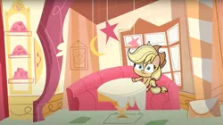 Size: 1679x938 | Tagged: safe, derpibooru import, screencap, applejack, earth pony, pony, my little pony: pony life, one click wonder, spoiler:pony life s01e17, spoiler:pony life s01e28, female, mare, solo, table