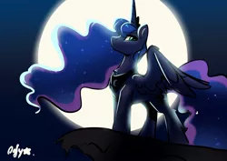 Size: 1674x1186 | Tagged: safe, artist:colorfulcolor233, derpibooru import, princess luna, alicorn, pony, chest fluff, cliff, female, full moon, mare, moon, night, profile, sky, solo, spread wings, wings