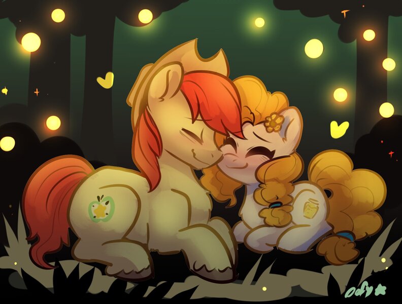 Size: 1583x1200 | Tagged: safe, artist:colorfulcolor233, derpibooru import, bright mac, pear butter, earth pony, firefly (insect), insect, pony, brightabetes, brightbutter, chest fluff, cute, daaaaaaaaaaaw, eyes closed, female, heart, lying down, male, mare, pearabetes, ponyloaf, prone, shipping, smiling, stallion, straight