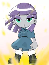Size: 1668x2224 | Tagged: safe, artist:batipin, derpibooru import, maud pie, equestria girls, action pose, alternate versions at source, aura, badass, chibi, female, implied dragonball super, implied dragonball z, looking at you, powering up, solo, the fire in her eyes