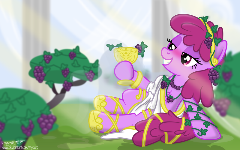 Size: 4800x3000 | Tagged: safe, artist:magnusmagnum, artist:pirill, derpibooru import, berry punch, berryshine, earth pony, pony, chest fluff, clothes, cloud, crepuscular rays, cup, curtains, dionysus, drunk, eyeshadow, female, food, garden, goblet, grapes, greek, hoof hold, hoof shoes, jewelry, looking at something, makeup, mare, mythology, necklace, pillar, shading, shadow, show accurate, sitting, smiling, solo, sunlight, tiara, toga, trace, vector