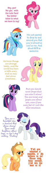 Size: 1250x4689 | Tagged: safe, artist:gutovi, derpibooru import, applejack, fluttershy, pinkie pie, rainbow dash, rarity, twilight sparkle, alicorn, earth pony, pegasus, pony, unicorn, encouragement, female, mane six, motivational, positive ponies, simple background, transparent background