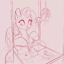 Size: 3000x3000 | Tagged: safe, artist:evlass, derpibooru import, fluttershy, earth pony, pegasus, pony, commission, crane game, cute, female, lineart, monochrome, solo, ych sketch, your character here