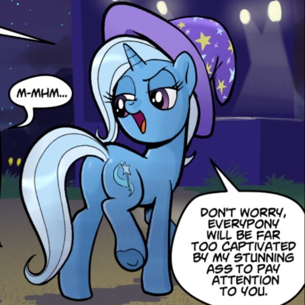 Size: 700x700 | Tagged: safe, artist:pencils, derpibooru import, edit, edited edit, editor:catamaran, marble pie, trixie, pony, unicorn, comic:marble mare manquee, butt, clothes, cropped, cutie mark, dialogue, female, hat, mare, narcissism, offscreen character, plot, solo, speech bubble, stage, text edit, trixie's hat, underhoof, vulgar, walking