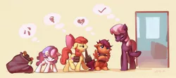 Size: 2711x1206 | Tagged: safe, artist:luciferamon, derpibooru import, apple bloom, cheerilee, scootaloo, sweetie belle, earth pony, pegasus, pony, unicorn, back to school, bag, book, book bag, classroom, cutie mark crusaders, dragging, eyes closed, female, filly, first day of school, magic, mare, mouth hold, saddle bag, scroll, telekinesis