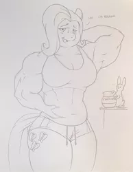 Size: 1584x2046 | Tagged: angel bunny, animal, anthro, artist:zacharyisaacs, breasts, busty fluttershy, cookie, cookie jar, derpibooru import, female, fluttershy, food, love handles, musclegut, muscles, muscleshy, muscular female, rabbit, safe, traditional art