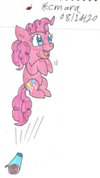 Size: 860x1528 | Tagged: safe, artist:cmara, derpibooru import, pinkie pie, earth pony, pony, cannon, excited, female, mare, open mouth, party cannon, pinkie being pinkie, pony cannonball, simple background, solo, traditional art, white background