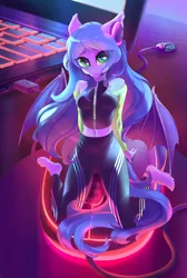 Size: 1500x2228 | Tagged: suggestive, artist:jumperkit, derpibooru import, oc, oc:midnight reverie, anthro, bat pony, plantigrade anthro, barefoot, breasts, clothes, computer, computer mouse, feet, female, kneeling, laptop computer, looking at you, micro, pants, solo, spread wings, toes, wings, yoga pants