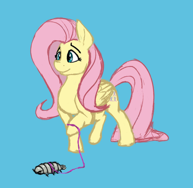 Size: 1437x1404 | Tagged: safe, artist:dummyhorse, derpibooru import, fluttershy, isopod, pegasus, pony, blue background, female, folded wings, holding, leash, mare, pet, raised hoof, simple background, smiling, solo, standing, three quarter view, wings