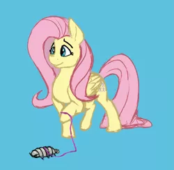 Size: 1437x1404 | Tagged: safe, artist:dummyhorse, derpibooru import, fluttershy, isopod, pegasus, pony, blue background, female, folded wings, holding, leash, mare, pet, raised hoof, simple background, smiling, solo, standing, three quarter view, wings