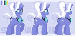 Size: 3832x1853 | Tagged: safe, artist:pearlyiridescence, derpibooru import, oc, oc:snowblind, unofficial characters only, pony, unicorn, bags under eyes, beauty mark, female, goggles, mare, messy mane, ponytail, reference sheet, smiling, solo, tired, turnaround
