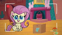 Size: 1920x1078 | Tagged: safe, derpibooru import, screencap, fluttershy, pegasus, pony, my little pony: pony life, unboxing day, spoiler:pony life s01e18, spoiler:pony life s01e30, angry, animated, box, female, fluttershy's cottage, frustrated, kicking, mare, recording, sitting, smiling, solo, sound, talking, treehouse logo, webm, wings