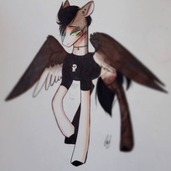 Size: 1080x1080 | Tagged: safe, artist:_quantumness_, derpibooru import, oc, unofficial characters only, pegasus, pony, bust, clothes, ear piercing, jewelry, necklace, pegasus oc, piercing, raised hoof, signature, solo, traditional art, wings