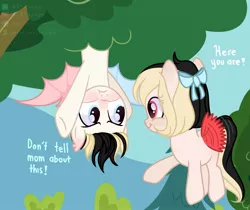 Size: 2048x1718 | Tagged: safe, artist:shinningblossom12, derpibooru import, oc, unofficial characters only, bat pony, pony, bat pony oc, bat wings, bow, colt, cute, dialogue, female, filly, flying, frown, hair bow, hanging, male, outdoors, smiling, tree, underhoof, upside down, wings