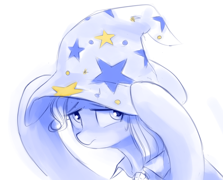 Size: 1162x937 | Tagged: safe, artist:some_ponu, derpibooru import, trixie, unicorn, clothes, female, hat, monochrome, simple background, sketch, solo, trixie's hat, white background