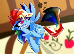 Size: 2845x2069 | Tagged: safe, artist:nekosnicker, derpibooru import, rainbow dash, pegasus, pony, the last roundup, chest fluff, eye clipping through hair, female, flying, frown, high res, mare, scene interpretation, singed, solo, spread wings, wings