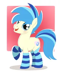 Size: 1842x2198 | Tagged: safe, artist:dyonys, derpibooru import, oc, oc:chatty pie, unofficial characters only, earth pony, pony, blushing, clothes, male, open mouth, raised hoof, simple background, socks, solo, stallion, striped socks, white background