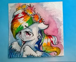 Size: 1782x1456 | Tagged: safe, artist:kiwwsplash, derpibooru import, oc, unofficial characters only, pegasus, pony, bust, floral head wreath, flower, multicolored hair, pegasus oc, rainbow hair, solo, traditional art, two toned wings, wings