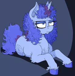 Size: 4092x4144 | Tagged: safe, artist:paskanaakka, derpibooru import, oc, oc:midnight dew, unofficial characters only, pony, unicorn, abstract background, colored hooves, ear fluff, female, fluffy, lidded eyes, mare, messy mane, solo, unshorn fetlocks