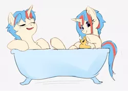 Size: 1017x723 | Tagged: safe, artist:iuth, derpibooru import, oc, oc:iuth, unofficial characters only, pony, unicorn, bath, duo, female, male, mare, rubber duck, self ponidox, stallion