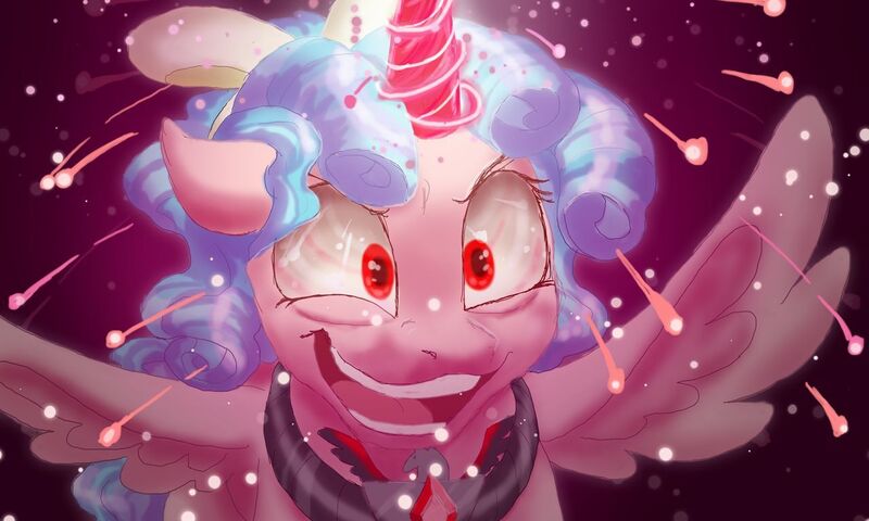 Size: 1280x768 | Tagged: safe, artist:shaslan, derpibooru import, cozy glow, alicorn, alicorn amulet, alicornified, cozycorn, crazy glow, evil grin, female, glowing horn, grin, horn, insanity, race swap, simple background, smiling, solo, sparks, spread wings, wings