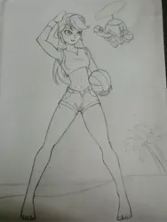 Size: 2976x3968 | Tagged: safe, artist:kenuma, derpibooru import, rainbow dash, tank, equestria girls, beach, beach ball, belly button, clothes, hat, palm tree, shorts, sketch, traditional art, tree