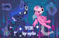 Size: 2000x1278 | Tagged: safe, artist:oyks, derpibooru import, princess luna, oc, gamer luna, canon x oc, commission, controller, game, joystick, vector, your character here