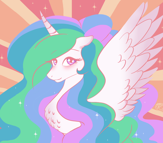 Size: 1132x998 | Tagged: safe, artist:purfectprincessgirl, derpibooru import, princess celestia, alicorn, pony, abstract background, blushing, chest fluff, female, mare, signature, smiling, solo, spread wings, wings