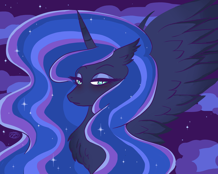 Size: 3128x2496 | Tagged: safe, artist:purfectprincessgirl, derpibooru import, princess luna, alicorn, pony, bust, cloud, ethereal mane, eyeshadow, female, lidded eyes, makeup, mare, night, portrait, signature, sky, slit pupils, solo, spread wings, starry mane, stars, wings