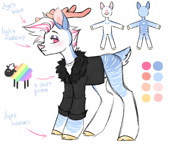 Size: 563x481 | Tagged: safe, artist:hellishprogrammer, derpibooru import, oc, oc:pastel frost, unofficial characters only, deer, sheep, antlers, blushing, clothes, coat, eyeshadow, makeup, male, markings, reference sheet, shirt, simple background, solo, t-shirt, unshorn fetlocks, white background