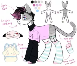 Size: 563x481 | Tagged: safe, artist:hellishprogrammer, derpibooru import, oc, oc:soft meows, unofficial characters only, cat, cat pony, original species, pony, backpack, blindfold, cat paws, cinnamoroll, clothes, eyeshadow, femboy, hello kitty, makeup, male, markings, reference sheet, sanrio, shirt, simple background, socks, solo, stallion, stockings, striped socks, thigh highs, trans male, transgender, unshorn fetlocks, white background