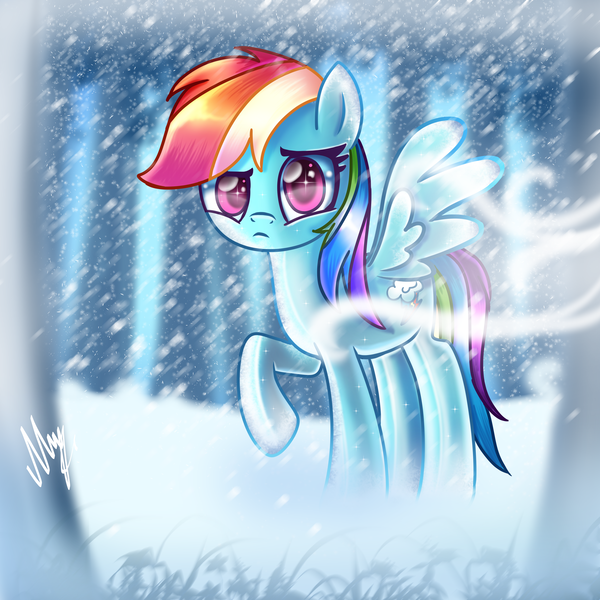 Size: 2300x2300 | Tagged: safe, artist:melanyschaffer, derpibooru import, rainbow dash, pegasus, pony, cold, cold weather, cute, dashabetes, female, forest, high res, looking at you, mare, snow, snowfall, solo, tree, wind, winter