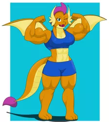 Size: 1968x2180 | Tagged: safe, artist:matchstickman, derpibooru import, smolder, anthro, dragon, clothes, dragoness, female, muscles, muscular female, one eye closed, shorts, showing off, solo, swolder, wink