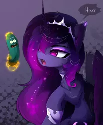 Size: 2894x3510 | Tagged: safe, artist:magnaluna, derpibooru import, edit, princess luna, alicorn, pony, :c, behaving like a cat, crown, cucumber, fangs, food, frown, hair over one eye, herbivore, high res, hissing, hoof shoes, implied princess celestia, jewelry, magic, open mouth, pickle rick, raised hoof, regalia, rick and morty, teary eyes, telekinesis