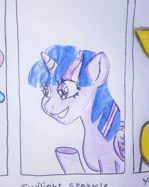 Size: 1080x1350 | Tagged: safe, alternate version, artist:cassectte, derpibooru import, twilight sparkle, twilight sparkle (alicorn), alicorn, pony, bust, cropped, female, mare, offscreen character, raised hoof, smiling, traditional art, underhoof